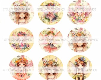 May include: Twelve digital illustrations of fairies with floral crowns and wings. Each fairy is depicted with a different pose and expression, surrounded by flowers and greenery. The illustrations are in a watercolor style with soft colors and delicate details.