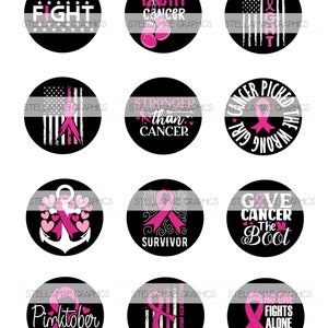 Frasi sul cancro al seno - Immagini circolari da 2 pollici, tappi di bottiglia, decorazioni per cupcake - DOWNLOAD IMMEDIATO