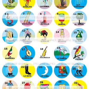 Lot de Loteria mexicaine (1-60) - images de cercle de 1,5 pouce, capsule, décoration de petit gâteau - TÉLÉCHARGEMENT IMMÉDIAT