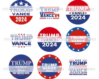 May include: Twelve red, white, and blue circular stickers with the text "Trump Vance 2024" and various slogans, including "Make America Great Again!" and "Take America Back."
