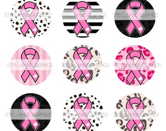 Breast Cancer Ribbons - 1 inch circle images, bottlecap, cupcake topper - INSTANT DOWNLOAD