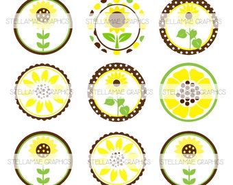 May include: Twelve printable sunflower cupcake toppers in various designs. The toppers feature yellow sunflowers with brown centers, green leaves, and brown, white, and yellow polka dot backgrounds.
