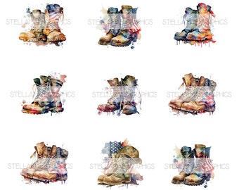 May include: Nine watercolor illustrations of military boots with American flag and camouflage elements. The boots are in various colors, including brown, green, blue, and red.