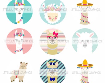 Llamas - 1 inch circle images, bottlecap, cupcake topper - INSTANT DOWNLOAD