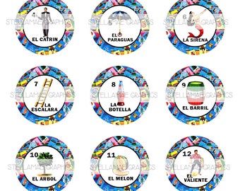 Mexican Loteria bundle (1-60) - 1 inch circle images with loteria cards border, bottlecap, cupcake topper - INSTANT DOWNLOAD