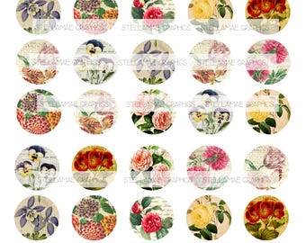 May include: A sheet of circular floral designs featuring various flowers like roses, pansies, and dahlias. Each circle has a vintage aesthetic with a cream background and text. The text "STELLAMAE GRAPHICS" is repeated throughout the design.