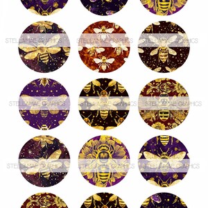 Könnte beinhalten: Zwölf runde, digital druckbare Scrapbooking-Papierdesigns mit goldenen Bienen auf purpurfarbenem, schwarzem und rotem Hintergrund. Die Designs sind perfekt für Bastelprojekte, Scrapbooking und digitales Design.