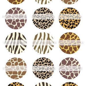 dierenprints - cirkelafbeeldingen van 1 inch, kroonkurk, cupcaketopper - INSTANT DOWNLOAD