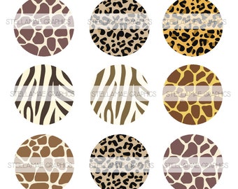 May include: Twelve different animal print patterns in circles. The patterns include zebra, giraffe, and leopard prints. The text "STELLAMAE GRAPHICS" appears at the bottom of each circle.