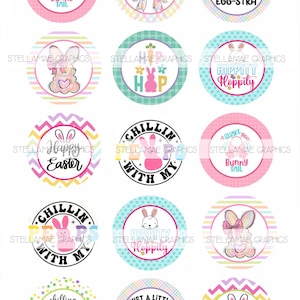 May include: Twelve round, colorful, printable stickers with Easter-themed designs. The stickers feature bunnies, eggs, and text such as "Happy Easter", "Chillin' with my peeps", and "Just a little egg-stra".
