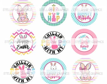 May include: Twelve round, colorful, printable stickers with Easter-themed designs. The stickers feature bunnies, eggs, and text such as "Happy Easter", "Chillin' with my peeps", and "Just a little egg-stra".