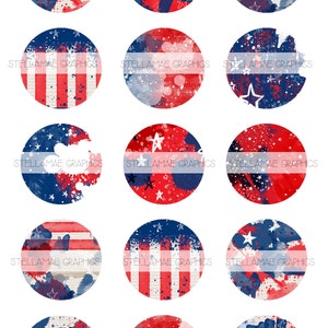 May include: Twelve round digital scrapbook paper designs featuring red, white, and blue patriotic themes with stars, stripes, and splattered paint.