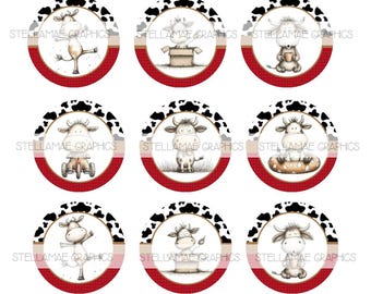 May include: A collection of circular stickers featuring cartoon cows in various poses. Each sticker has a red border with a black and white cow-print edge. The text "STELLAMAE GRAPHICS" is printed on each sticker.