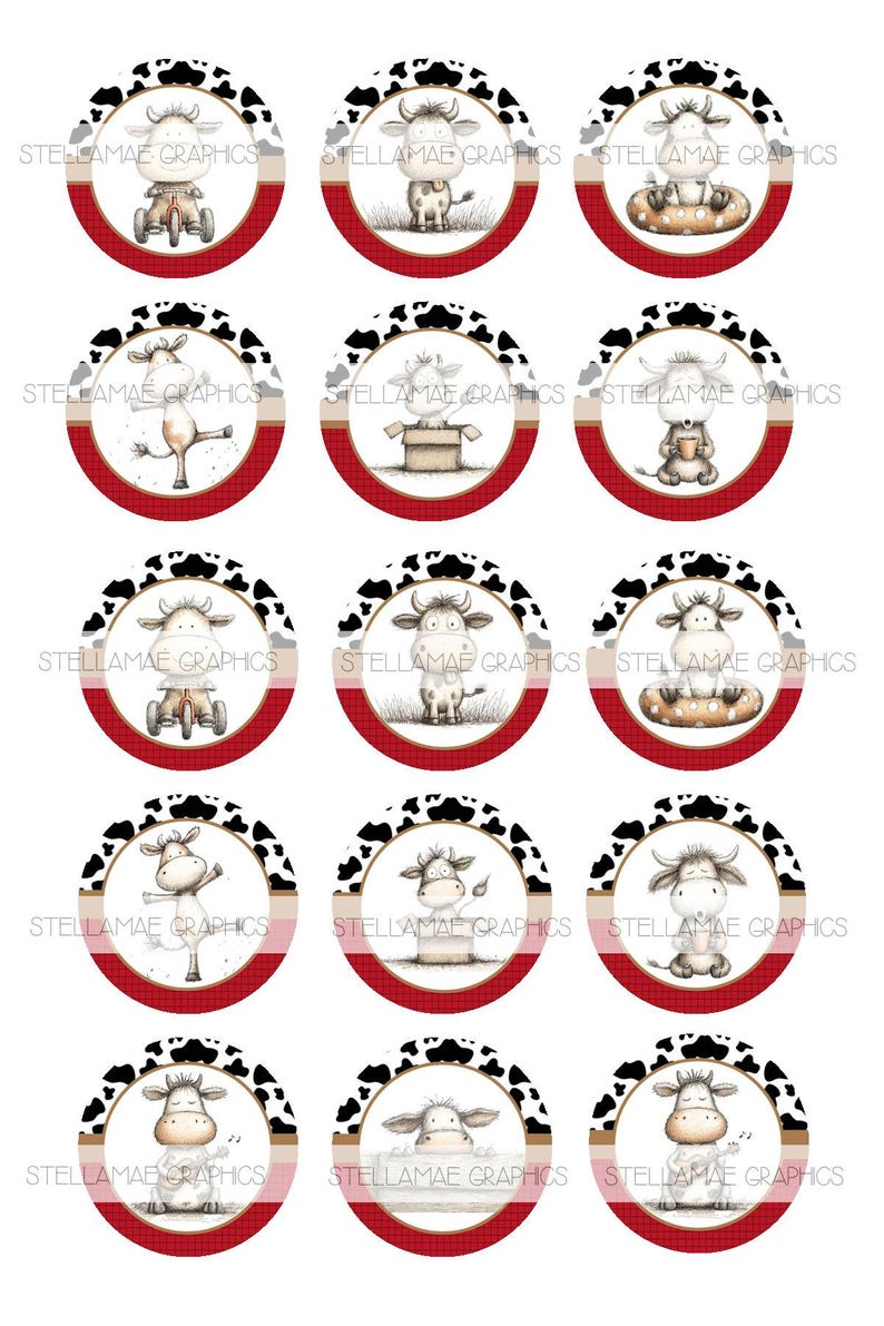 Cute Cows - 1 Inch Circle Images, Bottlecap, Watercolor Cows, Cupcake ...