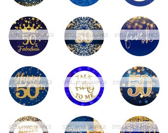 May include: A collection of twelve circular designs with a blue and gold color scheme. Each design features the number "50" and celebratory phrases like "Happy Birthday" and "Cheers to 50 years". The designs are suitable for a 50th birthday celebration.