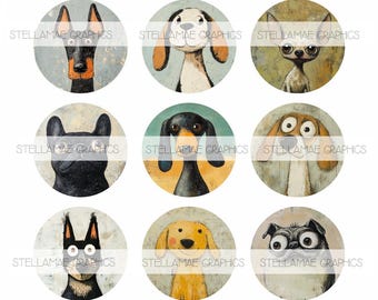 Perros caprichosos - imágenes circulares de 1 pulgada, 25 mm, tapa de botella, adorno para cupcakes - DESCARGA INSTANTÁNEA