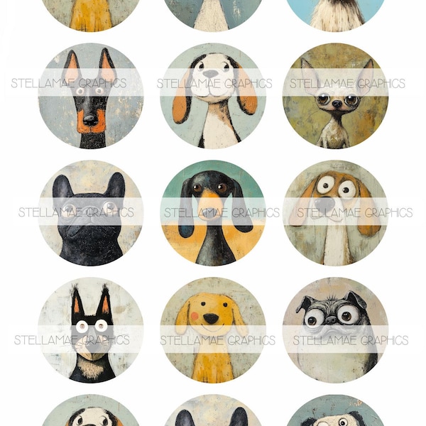 whimsical dogs - 1 inch circle images, 25mm, bottlecap, cupcake topper - INSTANT DOWNLOAD