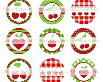 Cherries - 1 inch circle images, bottlecap, cupcake topper - INSTANT DOWNLOAD