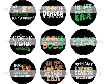 May include: A collection of black circular graphics with various text designs related to cookies. Phrases include "Cookie Dealer," "Cookie Season," and "In My Cookie Era." Some designs feature cookies and colorful accents.