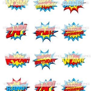 Superheldenwoorden - cirkelafbeeldingen van 2,5 inch, kroonkurk, cupcaketopper - INSTANT DOWNLOAD