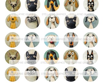 Perros divertidos - imágenes circulares de 1,25 pulgadas, tapas de botellas, adornos para cupcakes - DESCARGA INMEDIATA