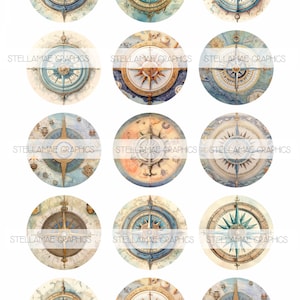 May include: Twelve round compass designs with blue, gold, and white accents. The compass designs are on a white background.