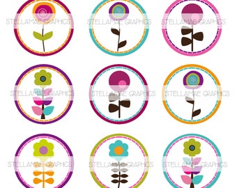 Retro Flowers - 1 inch circle images, bottlecap, cupcake topper - INSTANT DOWNLOAD