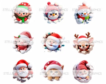 peeking Christmas characters - 1 inch circle images, bottlecap, cupcake topper, winter, Christmas - INSTANT DOWNLOAD