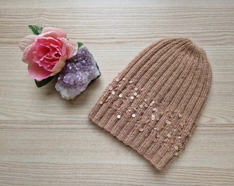 Beige Color Hat with Beige Sequins Very Soft and Warm Skull Cap Mink Wool & Sequins Elegant Stylish Outfit Hand Knitted Hat