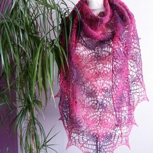 Hand Knitted Triangular Lace Shawl Wild Berry Colour 100% Natural Lamb Wool Kauni Yarn Handmade Warm Large Shawl Wrap Scarf Red Purple Berry image 5