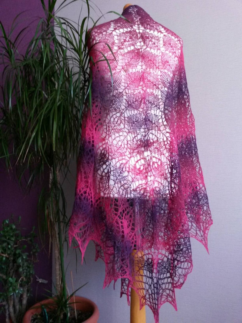 Hand Knitted Triangular Lace Shawl Wild Berry Colour 100% Natural Lamb Wool Kauni Yarn Handmade Warm Large Shawl Wrap Scarf Red Purple Berry image 7