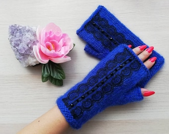 Blaue Handschuhe oder fingerlose Handschuhe Gestrickte Handschuhe Spitzenhandschuhe Perlenhandschuhe Wolle Mohair Handschuhe Handwärmer Geschenk für Sie