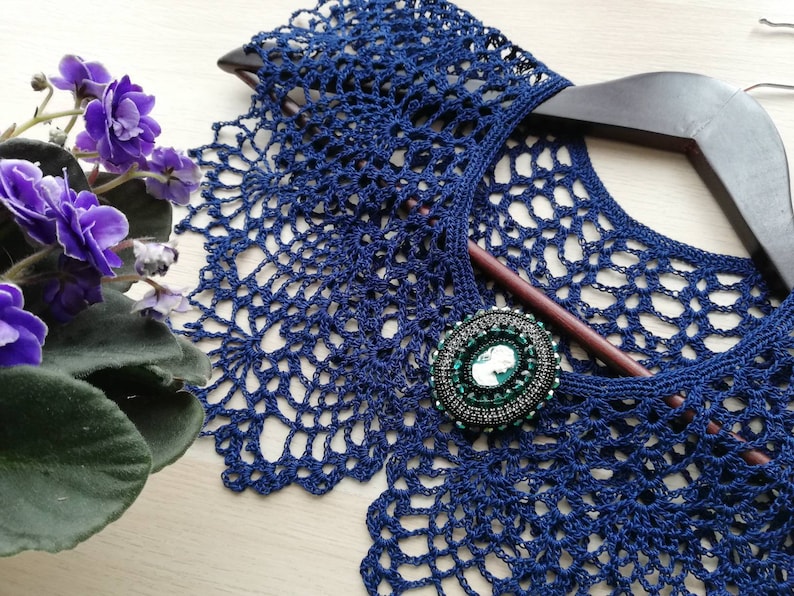 Elegant Navy Blue Lace Collar Crocheted Collar 100/% Cotton Collar Wonderful Mother/'s day gift Women Collar Summer Crochet Necklace