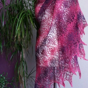 Hand Knitted Triangular Lace Shawl Wild Berry Colour 100% Natural Lamb Wool Kauni Yarn Handmade Warm Large Shawl Wrap Scarf Red Purple Berry image 1