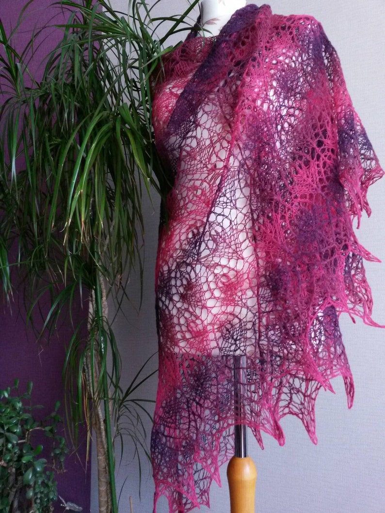 Hand Knitted Triangular Lace Shawl Wild Berry Colour 100% Natural Lamb Wool Kauni Yarn Handmade Warm Large Shawl Wrap Scarf Red Purple Berry image 1