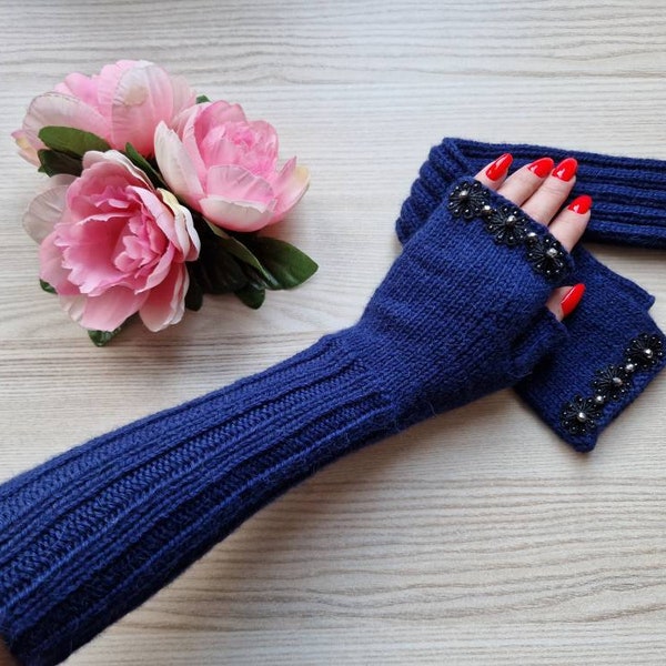 Navy Blue Fingerless Gloves with Black Flower Lace Natural Wool & Alpaca Hand Knitted Arm Warmers Women Long Fingerless Mittens Cozy Sleeves