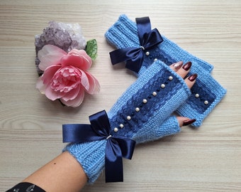 Mohair Fingerless Gloves Light Blue Mittens with Lace and White Pearls Soft Warm Women Fingerless Gloves Hand Knit Mittens Gift for Women