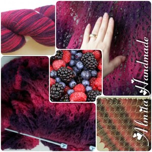 Hand Knitted Triangular Lace Shawl Wild Berry Colour 100% Natural Lamb Wool Kauni Yarn Handmade Warm Large Shawl Wrap Scarf Red Purple Berry image 10
