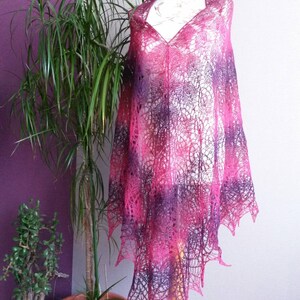 Hand Knitted Triangular Lace Shawl Wild Berry Colour 100% Natural Lamb Wool Kauni Yarn Handmade Warm Large Shawl Wrap Scarf Red Purple Berry image 8