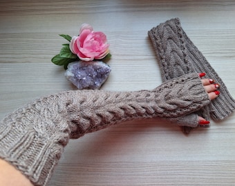 Long Fingerless Gloves Natural Wool Alpaca Hand Knitted Arm Warmers Long Women Fingerless Mittens Beige Pinned Sleeves Warm & Cozy