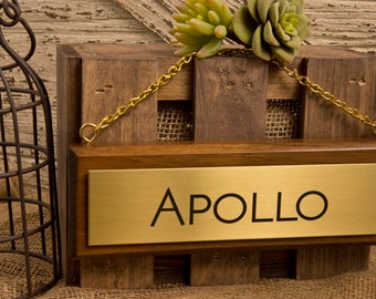 Horse Stall Name Plate with Chain- Solid Brass and Wood- Personalized, Stall Sign