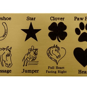 May include: A gold-coloured metal plate with various horse-themed designs engraved on it. The designs include a horseshoe, a star, a clover, a paw print, a horse's head, a horse jumping over a hurdle, a horse's head inside a heart, and a heart. The designs are labelled with their names: Horseshoe, Star, Clover, Paw Print, Dressage, Jumper, Full Heart Facing Right, and Heart.
