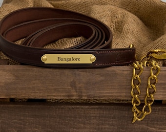 Brown or Black Leather Halter Lead with Solid Brass Nameplate & Chain- Made in the USA