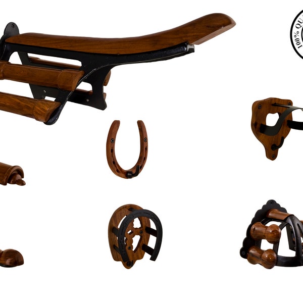 Cast Iron and Wood Saddle Stand, Bridle Bracket, Rein Hook and Strap Hook