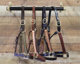 Two Tone Triple Stitched Leather Halters with Solid Brass Nameplate- Made in the USA