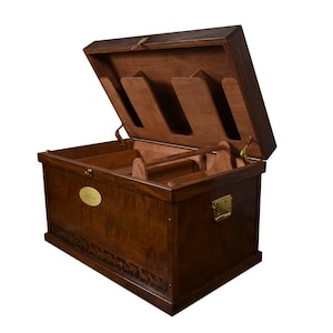 May include: A brown wooden boot box with a brass latch and a nameplate that says "Alice". The lid is open and reveals a compartment with dividers for storing boots.