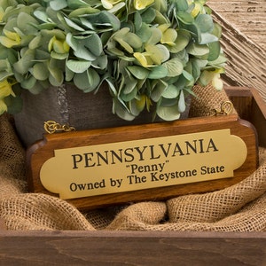 以下が含まれることがあります： 木製の看板に真鍮製のプレートが取り付けられており、「PENNSYLVANIA "Penny" Owned by The Keystone State」と書いてあります。看板は木製の箱の中に置かれ、麻布で覆われています。