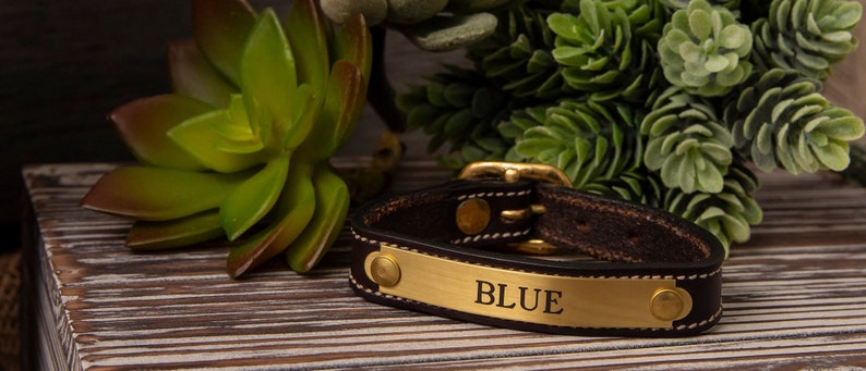 May include: A brown leather bracelet with a gold metal plate engraved with the word "BLUE".