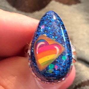 Rainbow heart adjustable resin ring