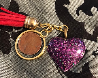 Purple glitter resin heart keychain